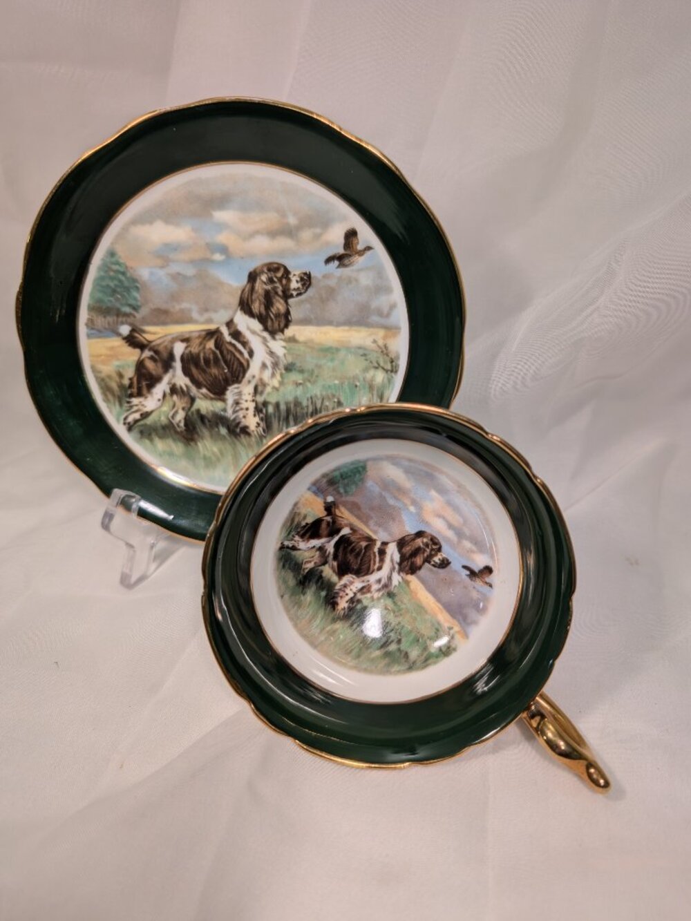 Vintage English Bone China Hunting Dog Spaniel Teacup & Saucer Set